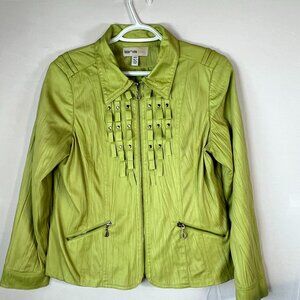 Vintage‑Inspired Lime Green Zip Jacket w/ Pleats & Studs — Lana Lee M